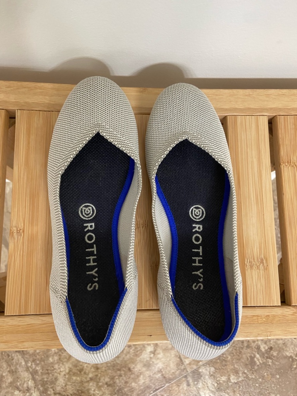 Rothy's Light Gray Knit Slip-On Flats with Blue Trim